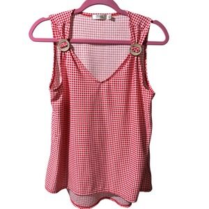 CURE Red White Gingham V-Neck Sleeveless Tank Top Shoulder Buckle Accent Medium